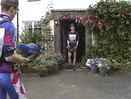 John greets us as we enter the Rectory Tearooms, Morwenstow, 7.8 miles into the ride